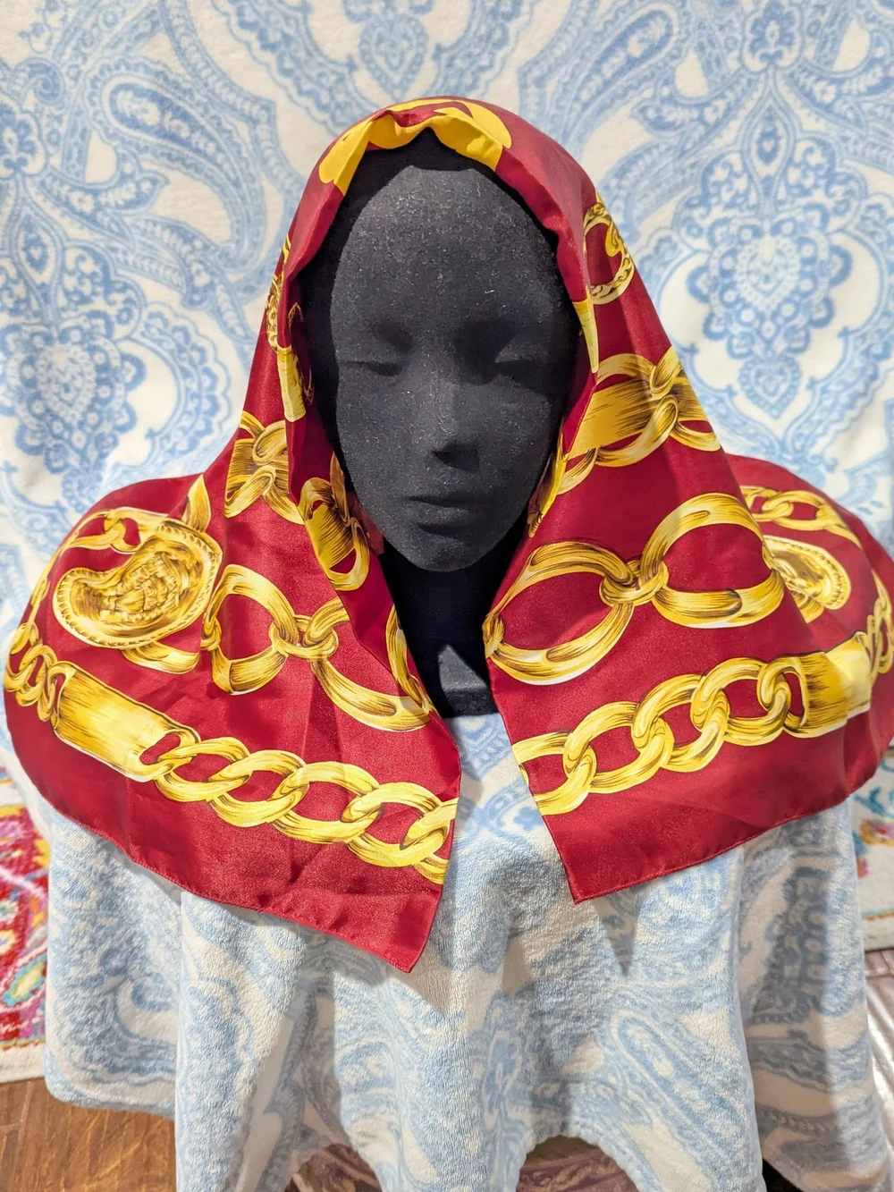 Silk Chain-Print Scarf in Burgundy and Gold